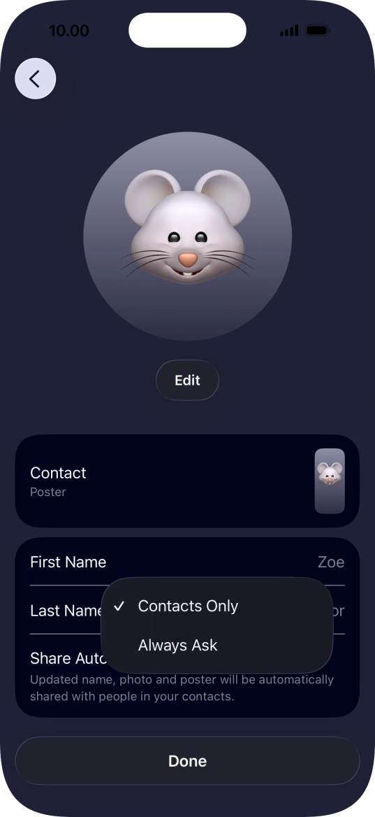 Press the required setting.