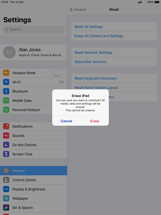 Press Erase. Wait a moment while the factory default settings are restored. Follow the instructions on the screen to set up your tablet and prepare it for use.