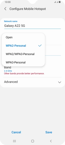 Press WPA3-Personal to password protect your Wi-Fi hotspot.