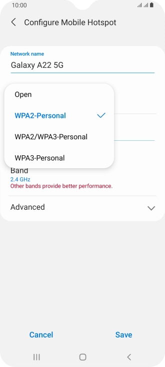 Press WPA3-Personal to password protect your Wi-Fi hotspot.