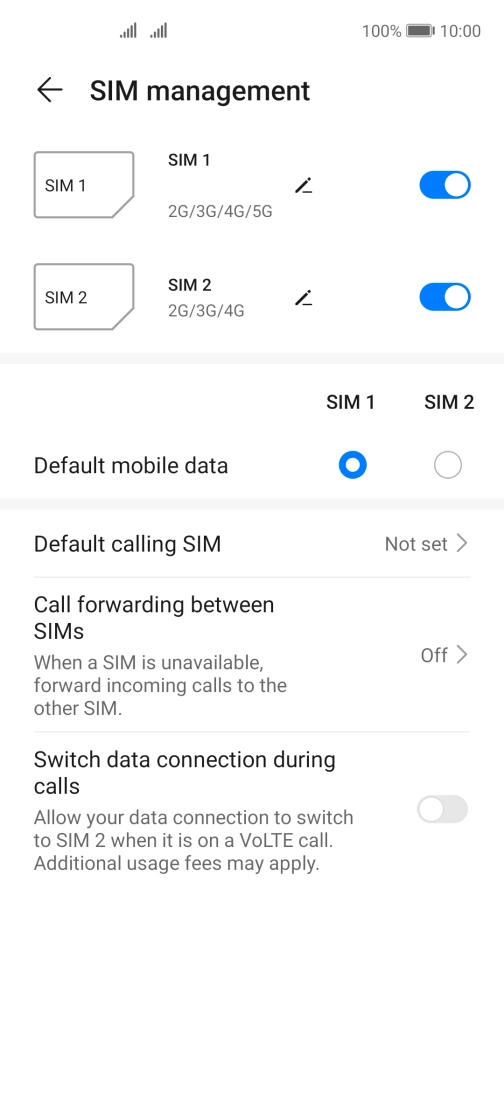 Press the indicator next to the required SIM to turn use of the SIM on or off.