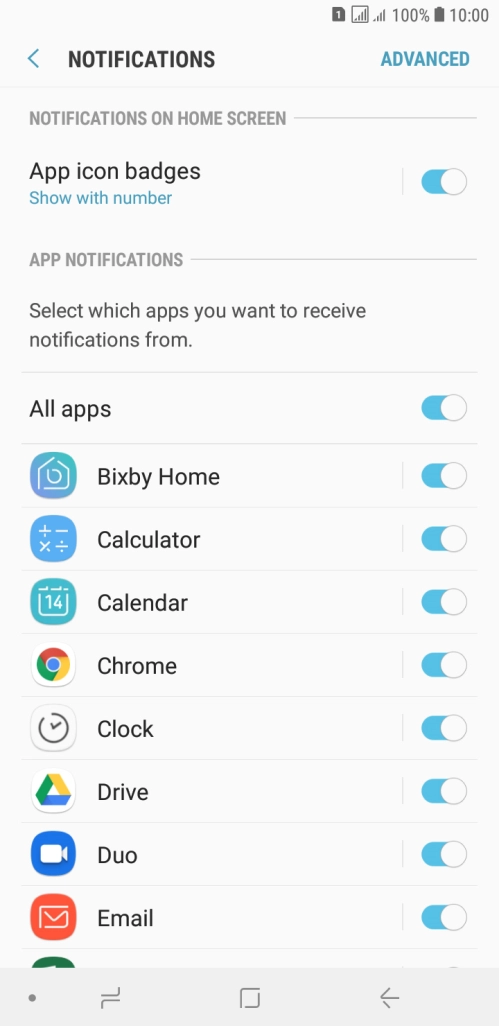 Press the indicator next to the required app to turn the function on or off.