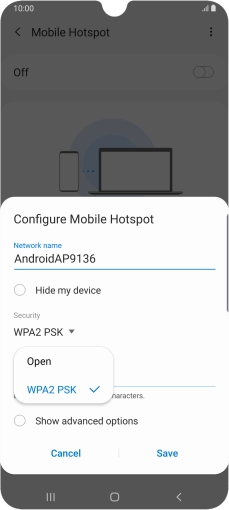 Press WPA2 PSK to password protect your Wi-Fi hotspot.