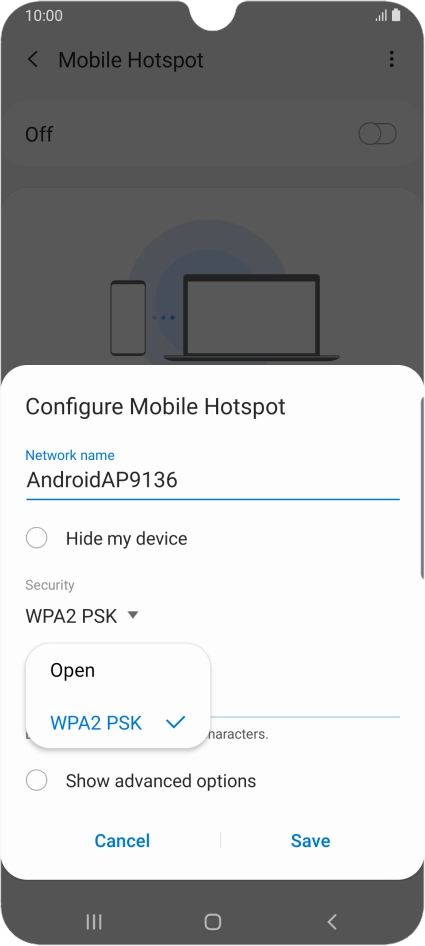 Press WPA2 PSK to password protect your Wi-Fi hotspot.