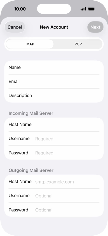 Press Username and key in the username for your email account.