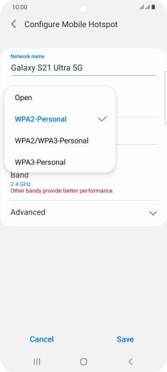 Press WPA2-Personal to password protect your Wi-Fi hotspot.
