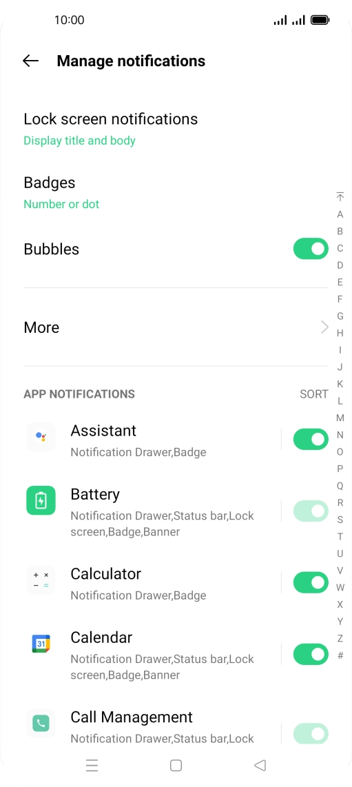 Press the indicators next to the required apps to turn the function on or off.