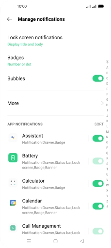 Press the indicators next to the required apps to turn the function on or off.