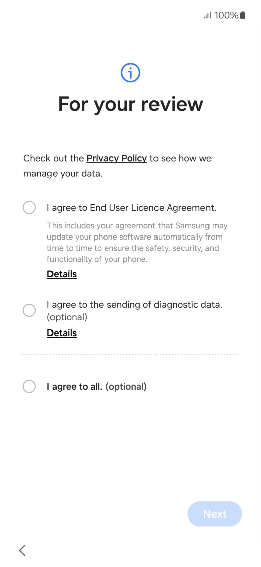 Press the fields next to the required settings to select them.