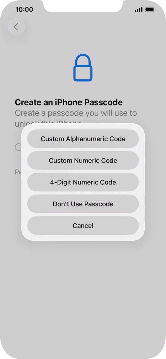 Follow the instructions on the screen to turn on use of phone lock code or press Don't Use Passcode.