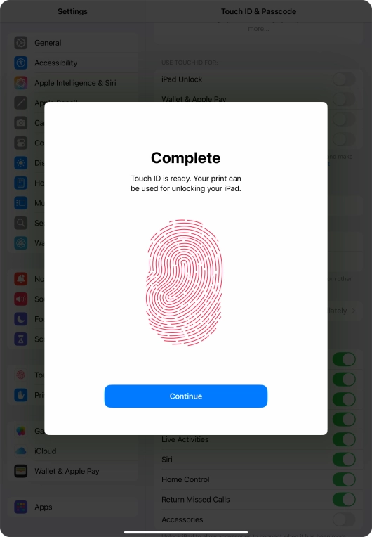 Press Continue. If you haven't previously selected a lock code, key in a code of your own choice twice.