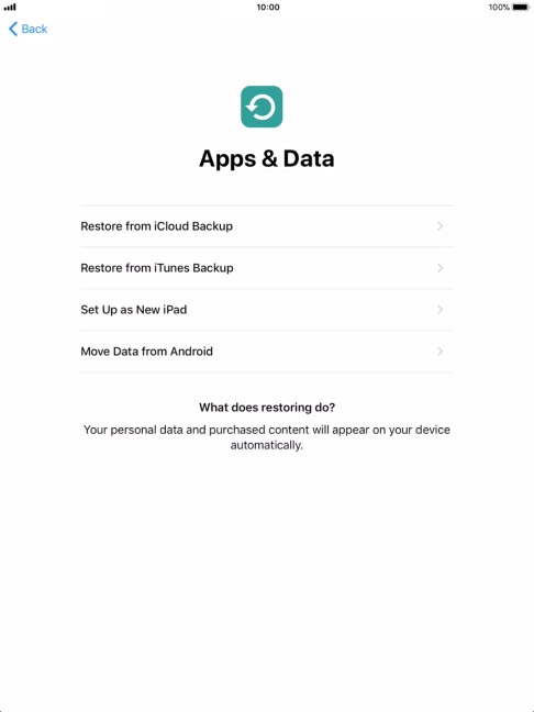 You can restore content from an iCloud backup when your tablet is activated for the first time and after a factory reset. When this screen is displayed, your tablet is ready to restore content from an iCloud backup.