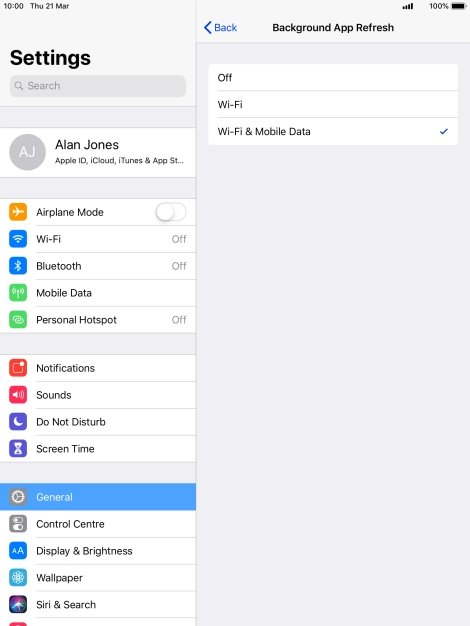 To turn off background refresh of apps, press Off.