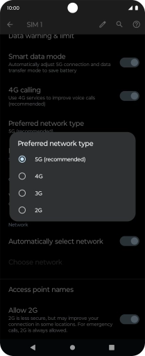 Press the required network mode.