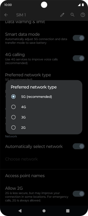 Press the required network mode.