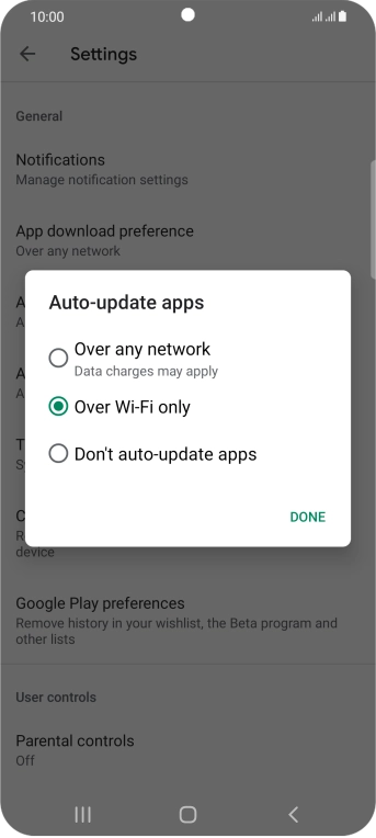 To turn on automatic update of apps using mobile network, press Over any network.