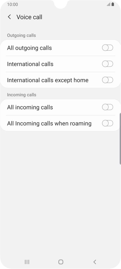 Press the indicator next to the required barring type to turn the function on or off.