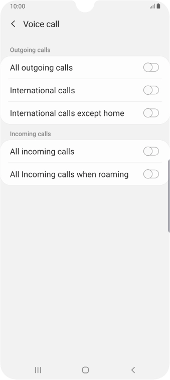 Press the indicator next to the required barring type to turn the function on or off.