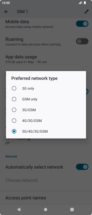 Press the required network mode.