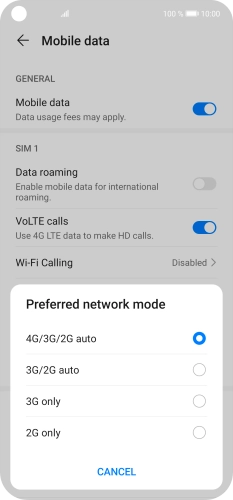 Press the required network mode.