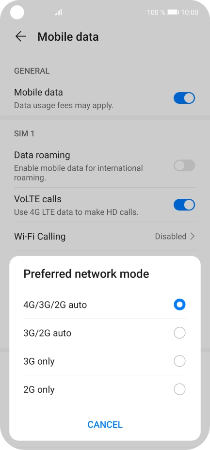 Press the required network mode.
