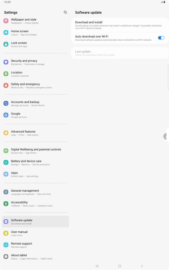 Press Download and install. If a new software version is available, it's displayed. Follow the instructions on the screen to update the tablet software.