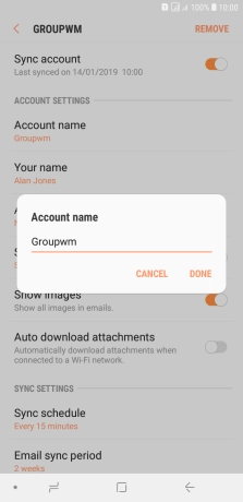 Key in the required name for the email account and press DONE.