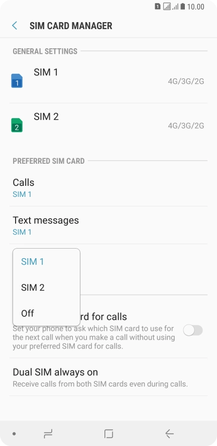 Press the required setting.