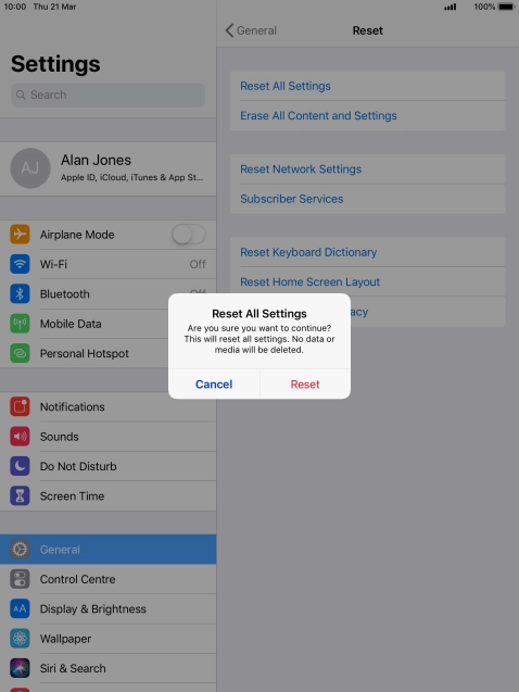Press Reset. Wait a moment while the factory default settings are restored. Follow the instructions on the screen to set up your tablet and prepare it for use.