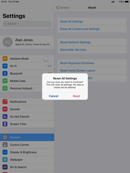 Press Reset. Wait a moment while the factory default settings are restored. Follow the instructions on the screen to set up your tablet and prepare it for use.