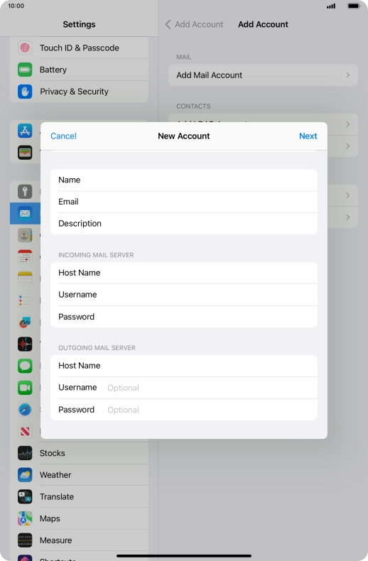 Press Username and key in the username for your email account.