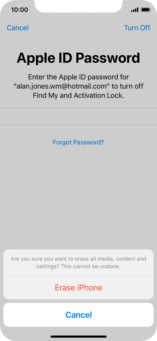 Key in the password for your Apple ID and press Erase iPhone. Wait a moment while the factory default settings are restored. Follow the instructions on the screen to set up your phone and prepare it for use.