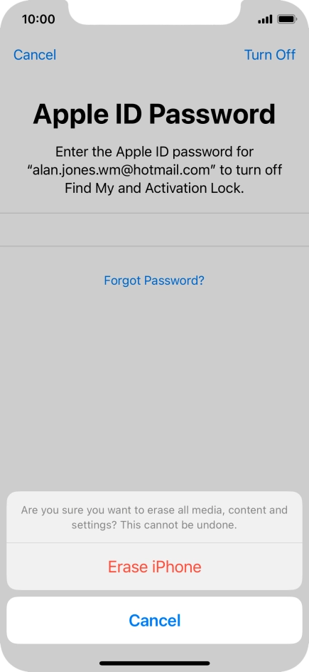 Key in the password for your Apple ID and press Erase iPhone. Wait a moment while the factory default settings are restored. Follow the instructions on the screen to set up your phone and prepare it for use.