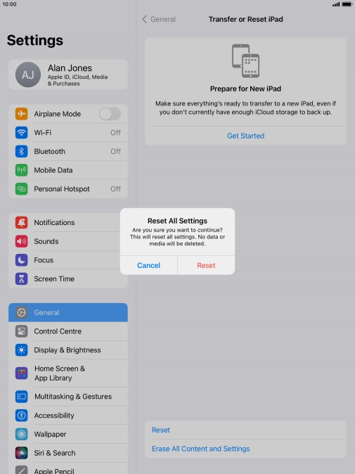 Press Reset. Wait a moment while the factory default settings are restored. Follow the instructions on the screen to set up your tablet and prepare it for use.