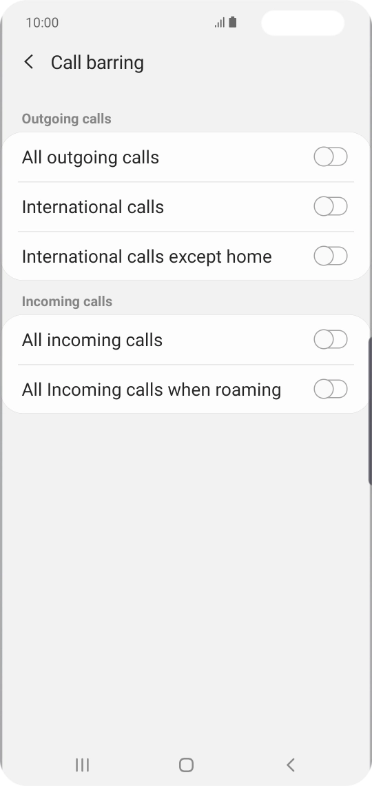 Press the required barring type to turn the function on or off.