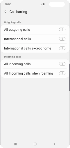 Press the required barring type to turn the function on or off.