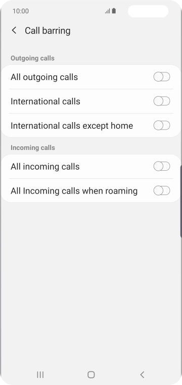 Press the required barring type to turn the function on or off.