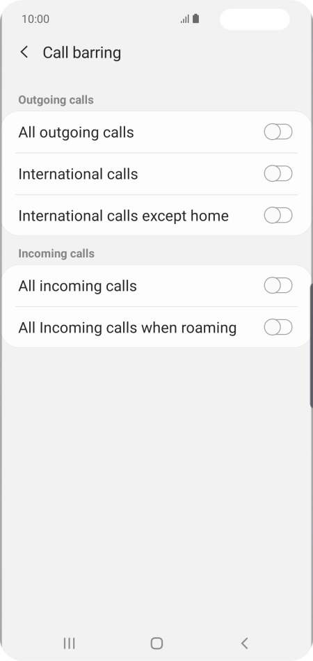Press the required barring type to turn the function on or off.