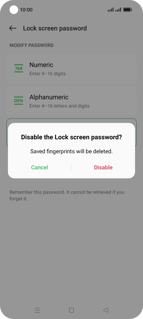 Press Disable and key in the additional phone lock code you created earlier.