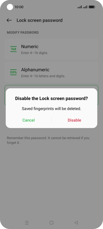 Press Disable and key in the additional phone lock code you created earlier.
