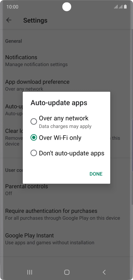 To turn on automatic update of apps using mobile network, press Over any network.