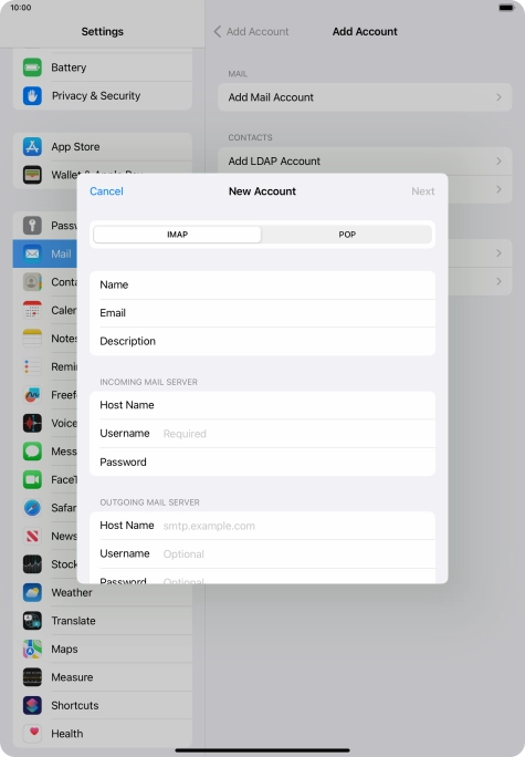 Press Username and key in the username for your email account.