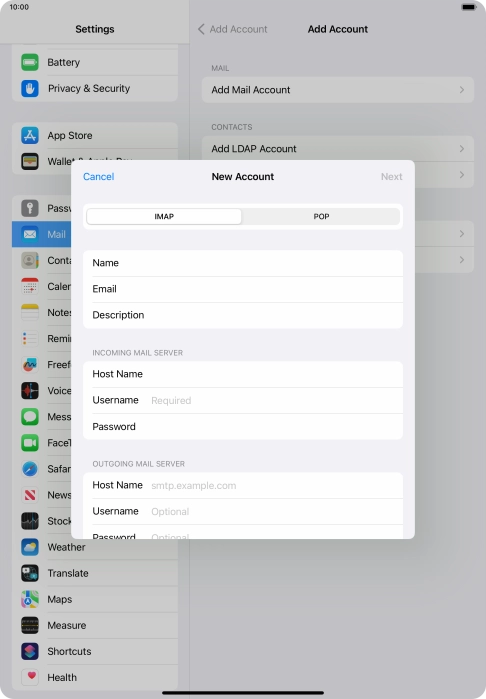 Press Username and key in the username for your email account.
