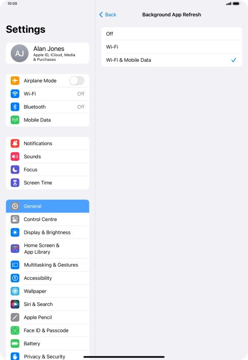 To turn off background refresh of apps, press Off.