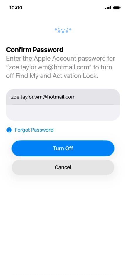 Key in the password for your Apple Account and press Turn Off. Wait a moment while the factory default settings are restored. Follow the instructions on the screen to set up your phone and prepare it for use.