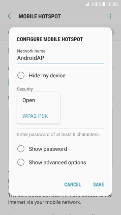 Press WPA2 PSK to password protect your Wi-Fi hotspot.
