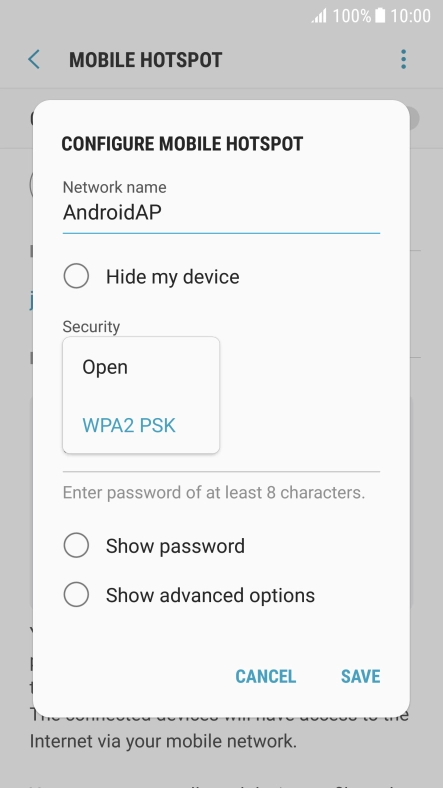 Press WPA2 PSK to password protect your Wi-Fi hotspot.