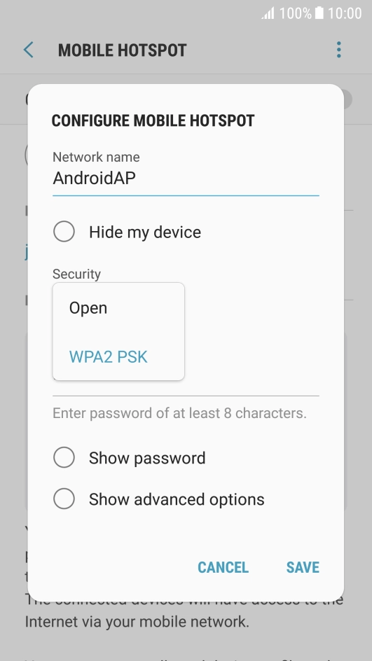 Press WPA2 PSK to password protect your Wi-Fi hotspot.