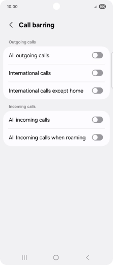 Press the indicator next to the required barring type to turn the function on or off.