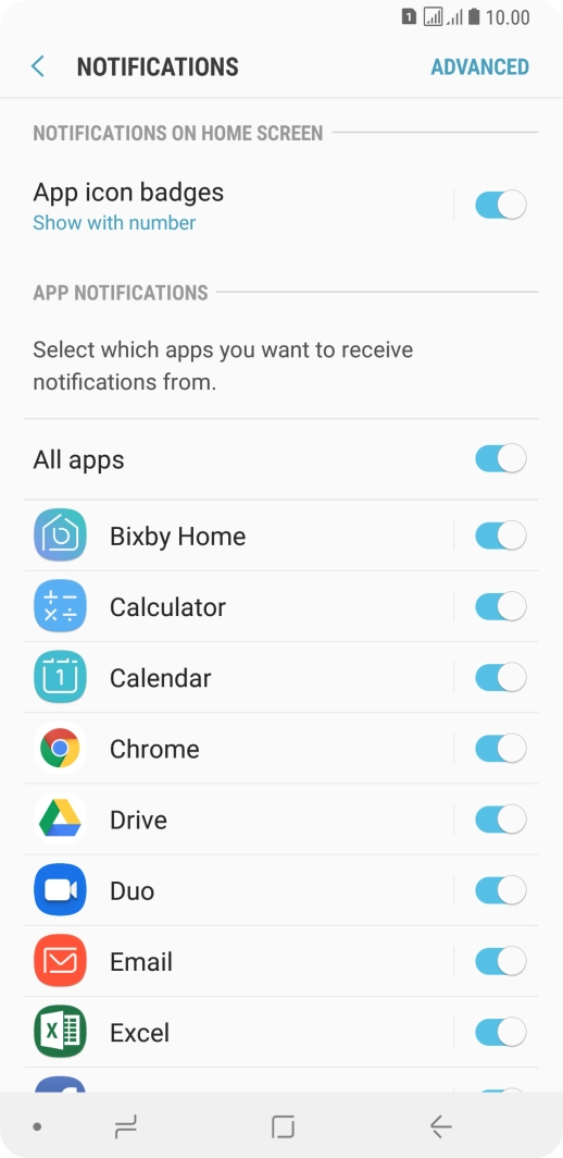 Press the indicator next to the required app to turn the function on or off.